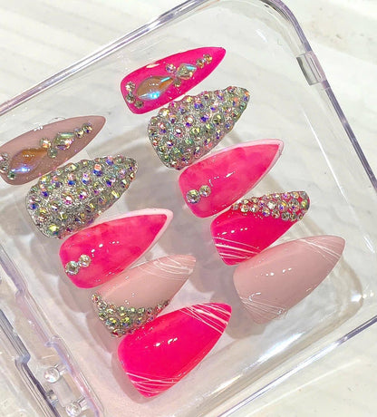 Hot Pink Rhinestone Stiletto Press On Nails | Barbiecore Glam Bling Set