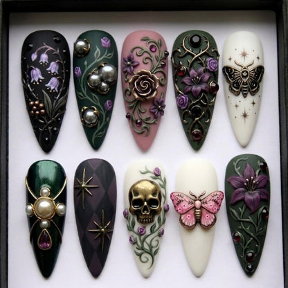 Gothic Fantasy Press On Nails | Dark Vintage Almond Nails | Skull Moth Floral Nail | Handcrafted 3D Nail | Edgy Alternative Nail