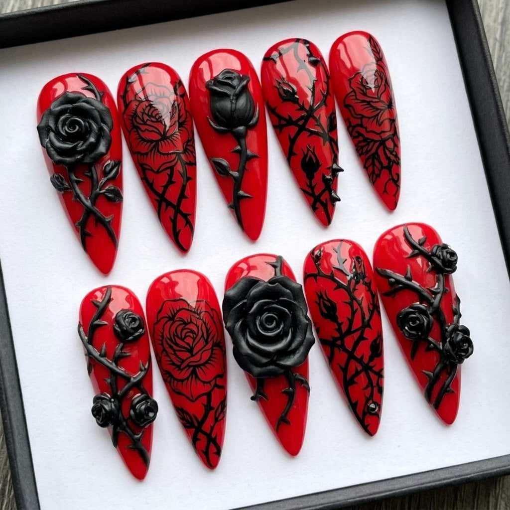 Gothic Black Rose Press On Nails | Dark Romance Long Stiletto | 3D Floral Thorns Nails | Hand Sculpted Gel Nails | Edgy Goth Girl Nails