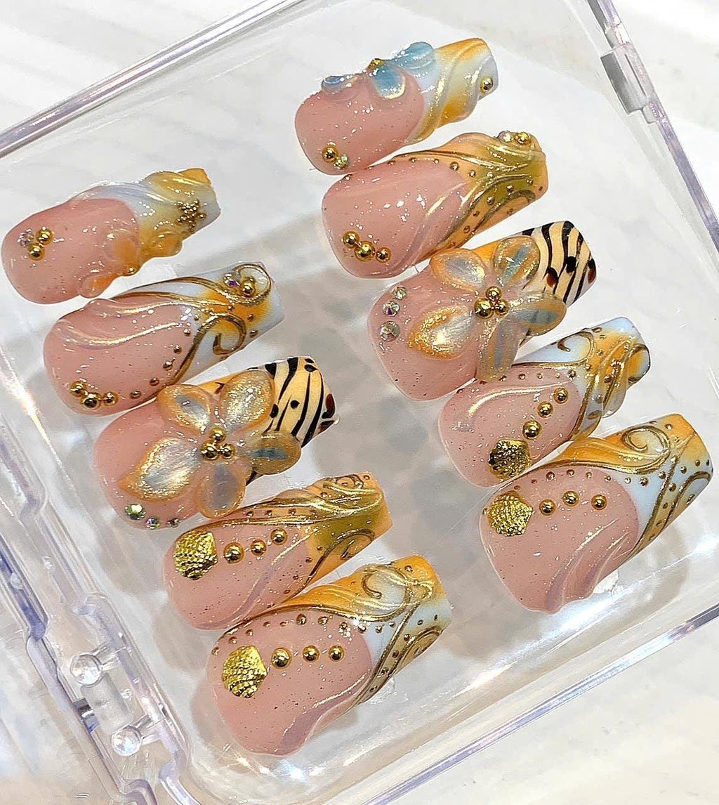 Luxury Gold 3D Floral Press On Nails, Bridal Wedding Rhinestone Fake Nails
