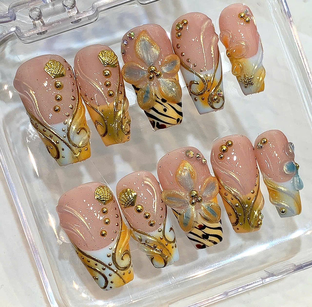 Luxury Gold 3D Floral Press On Nails, Bridal Wedding Rhinestone Fake Nails