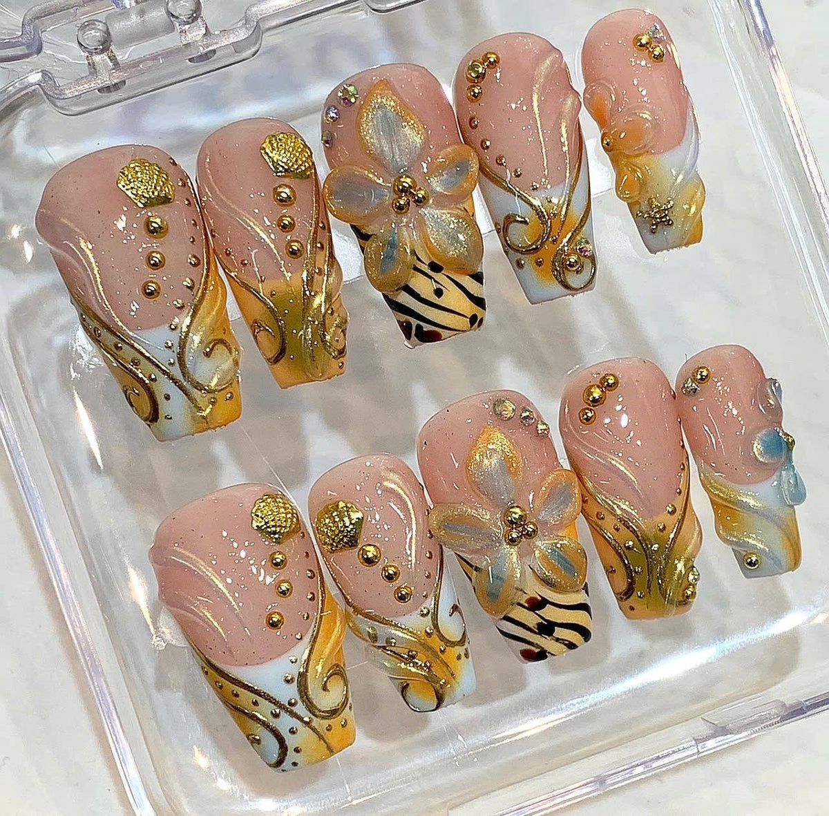 Luxury Gold 3D Floral Press On Nails, Bridal Wedding Rhinestone Fake Nails