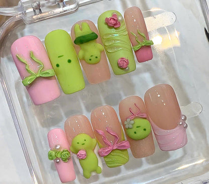 Kawaii 3D Alien Press On Nails – Green & Pink Nail Set