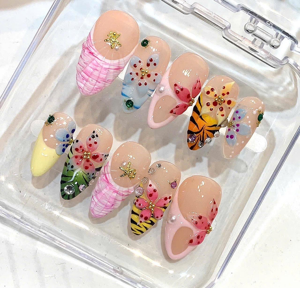 Colorful 3D Floral Press On Nails, Handmade Almond Nails, Summer Nail Art Set