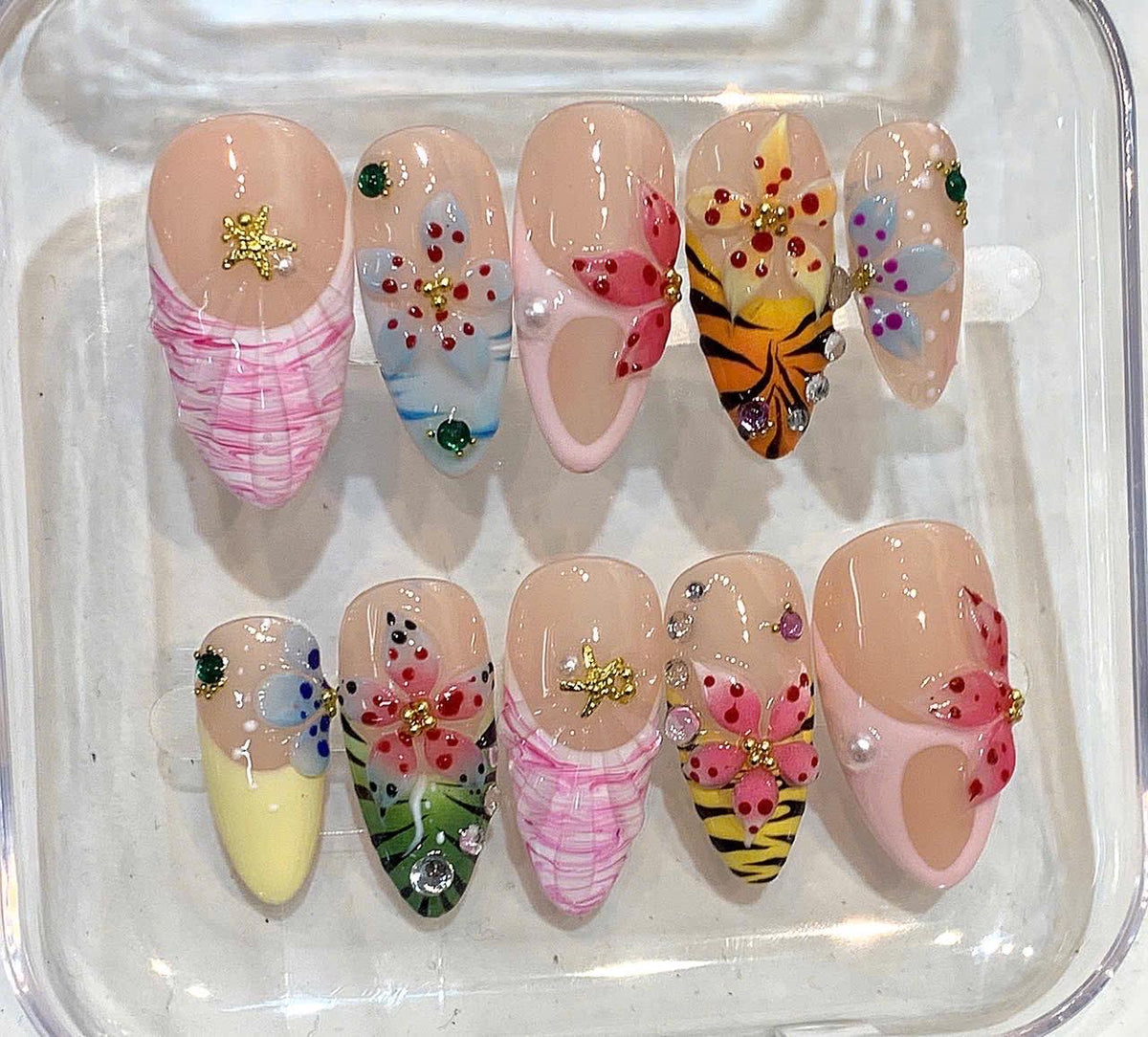 Colorful 3D Floral Press On Nails, Handmade Almond Nails, Summer Nail Art Set