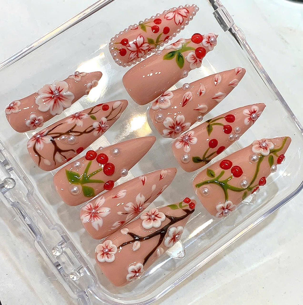 Cherry Blossom Press On Nails, 3D Floral Nude Almond Nails, Handmade Spring Nails