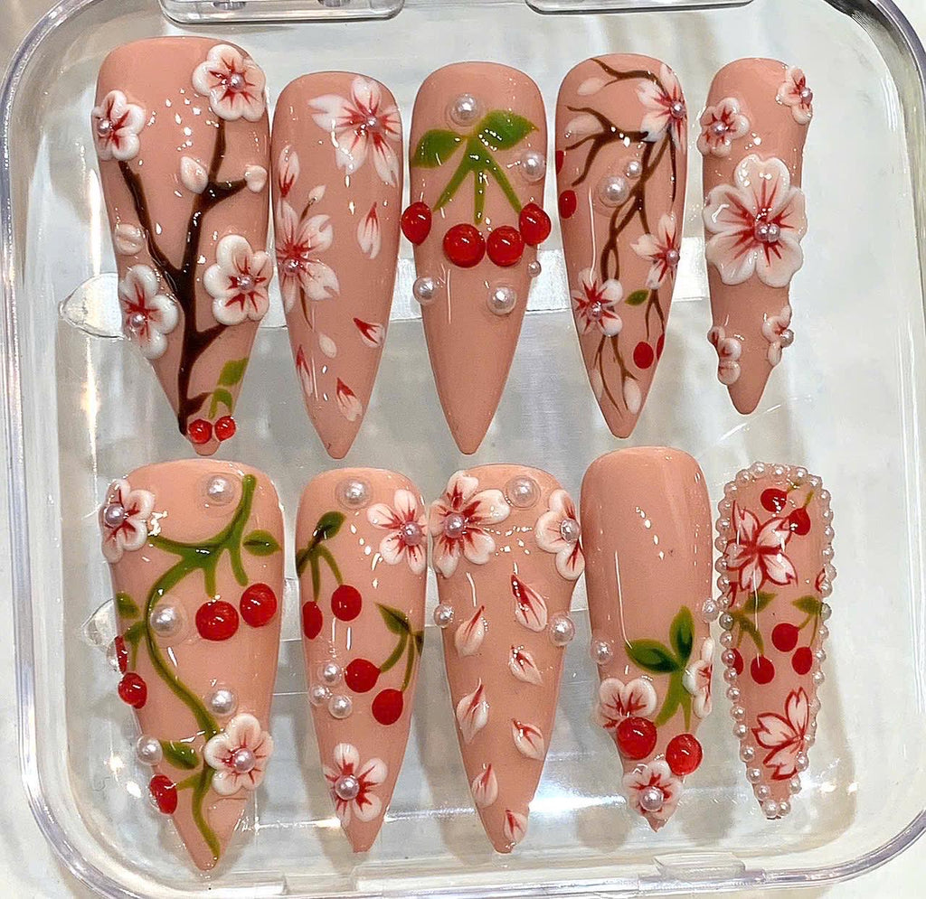 Cherry Blossom Press On Nails, 3D Floral Nude Almond Nails, Handmade Spring Nails