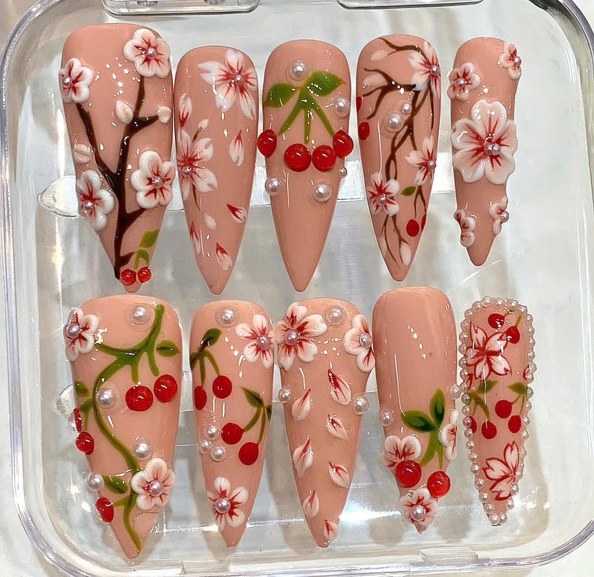 Cherry Blossom Press On Nails, 3D Floral Nude Almond Nails, Handmade Spring Nails
