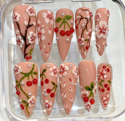 Cherry Blossom Press On Nails, 3D Floral Nude Almond Nails, Handmade Spring Nails
