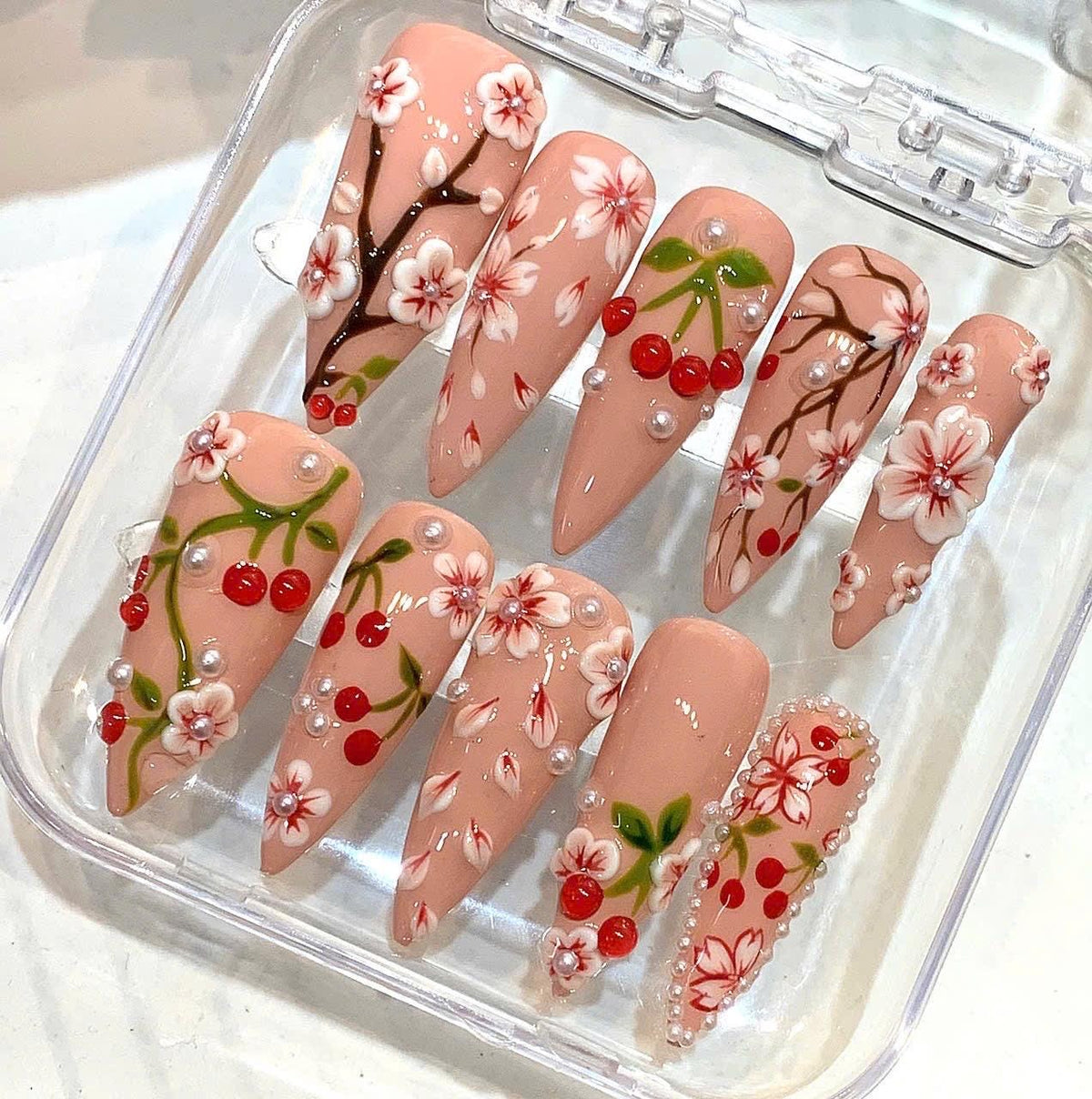 Cherry Blossom Press On Nails, 3D Floral Nude Almond Nails, Handmade Spring Nails