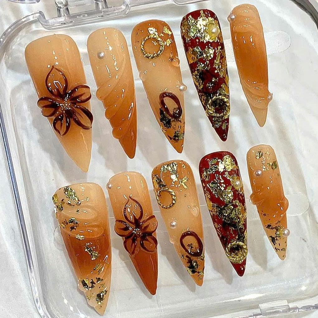 Caramel Gold Foil Press On Nails – Elegant Autumn Nail Set
