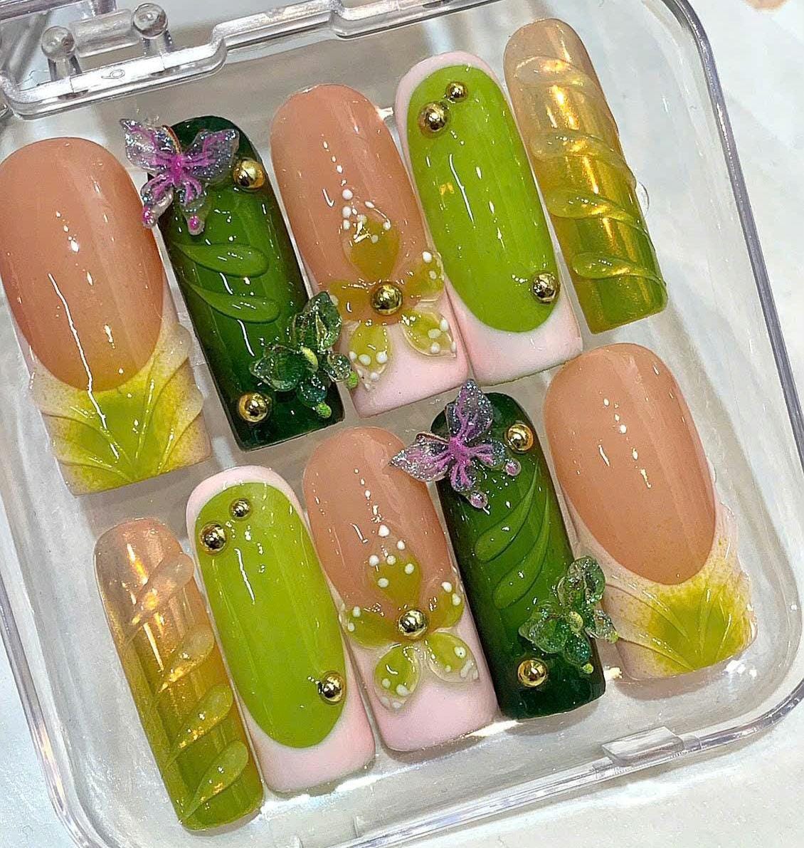 3D Green Yellow Floral Press On Nails – Elegant Spring Nail Set