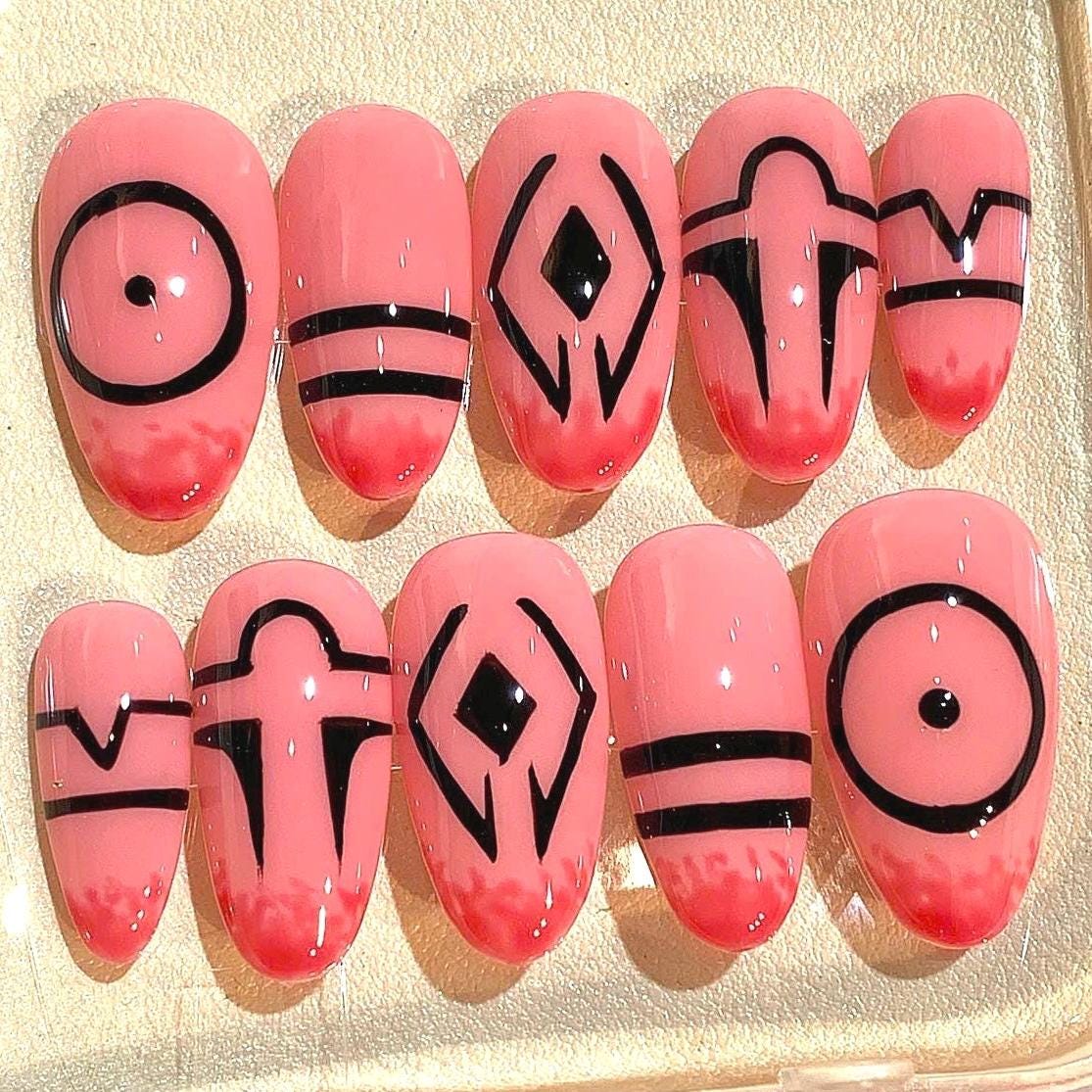 Handmade Geometric Press On Nails: Pink Abstract Line Art