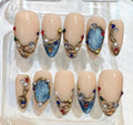 Luxury Blue Gemstone Press On Nails - Gold Chain Design - Royal Style Fake Nails