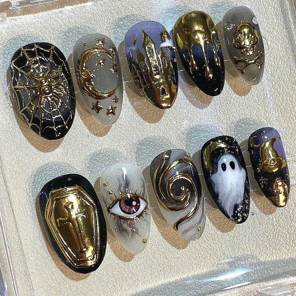Gold Black Halloween Press On Nails