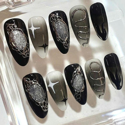 Black Silver Snake Press On Nails: Gothic Chrome Halloween Nail Art