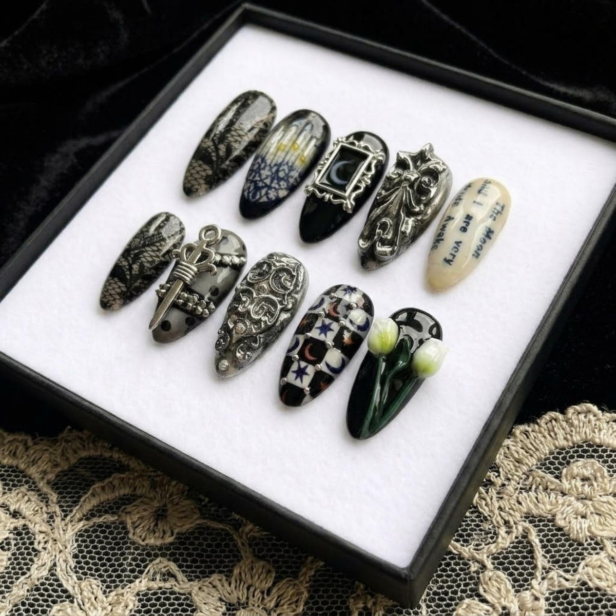 Handmade Victorian Gothic Mystical Celestial Press On Nails | Dark Academia Vibe | 3D Moon Lace Tulip Charms, Black Silver, Almond