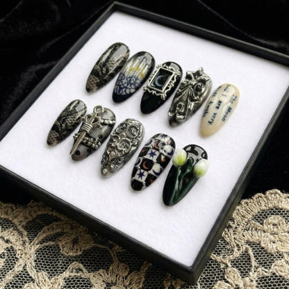 Handmade Victorian Gothic Mystical Celestial Press On Nails | Dark Academia Vibe | 3D Moon Lace Tulip Charms, Black Silver, Almond