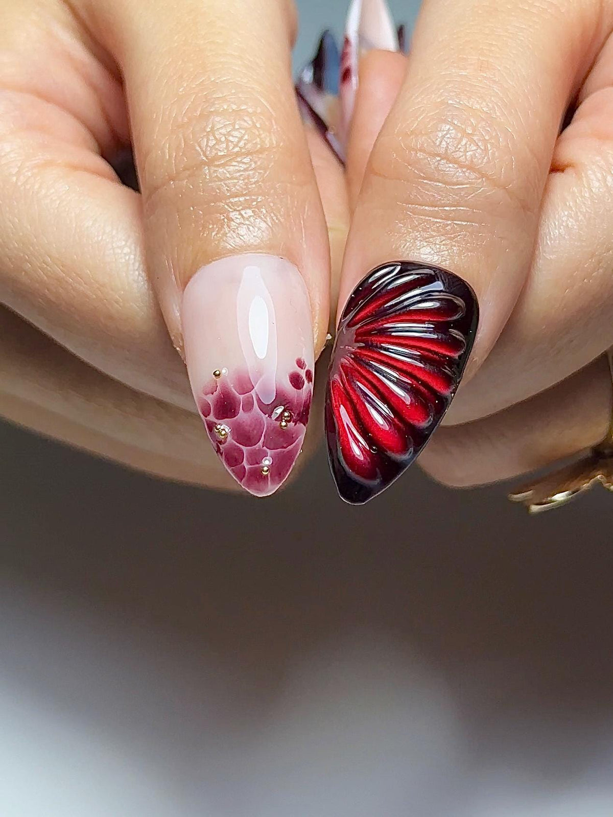 Burgundy Red Floral Press On Nails | 3D Wine Flower Nails | Dark Romantic Nail Art | Elegant Gradient Nails | Luxury Press Ons | JB324HK