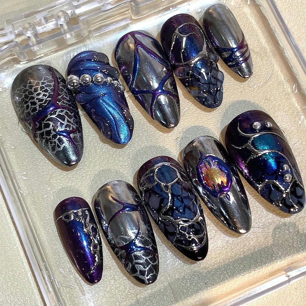 Dragon Scale Chrome Press On Nails: Gothic 3D Armor Nail Art