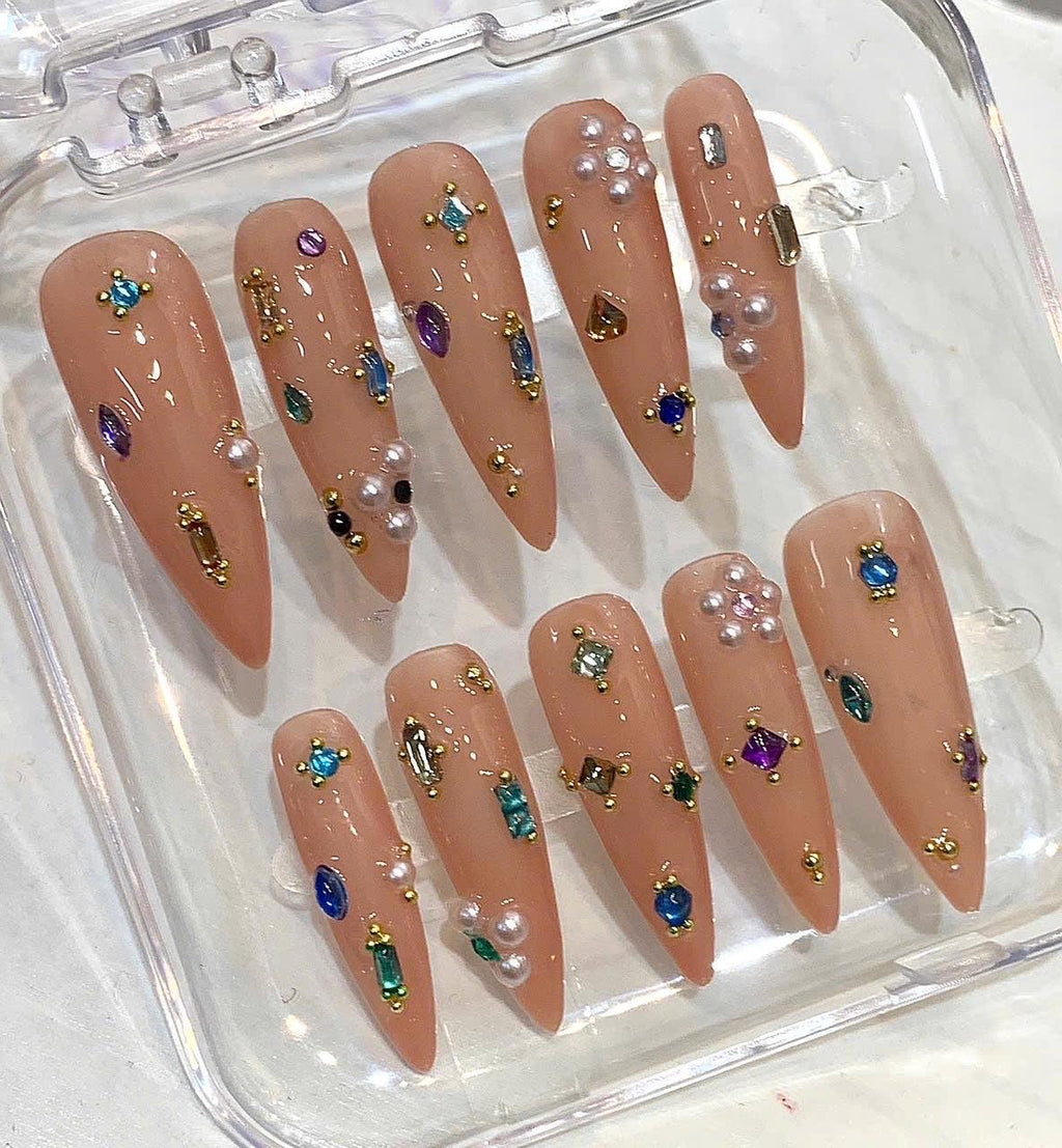 Luxury Nude Stiletto Press On Nails With Gems & Pearls | Handmade Crystal Nail Set | Long Glam Press On Nails