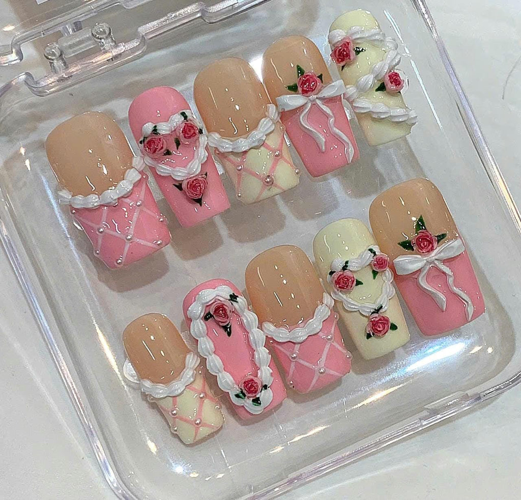 Pink Floral Press On Nails | Coquette 3D Rose Nails | Handmade Romantic Nail Set