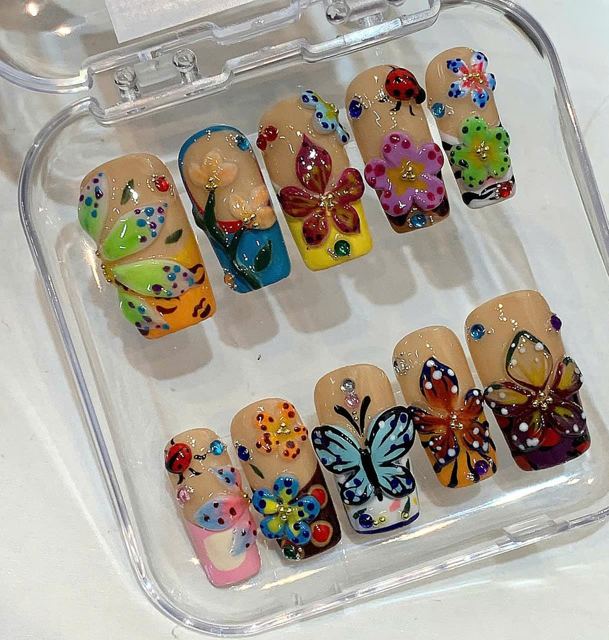 Flower Butterfly Press On Nails: 3D Floral Garden Nail Art