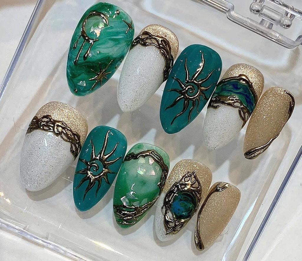 Celestial Press On Nails, Sun Moon Gold 3D Nails, Green Marble Nail Set