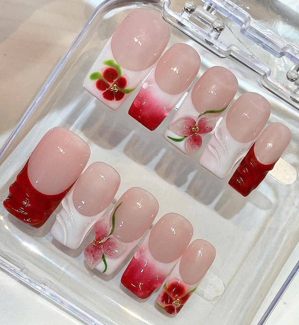 Red Floral Press On Nails – 3D Flower Gel Art, Elegant Pink White Handmade Nails