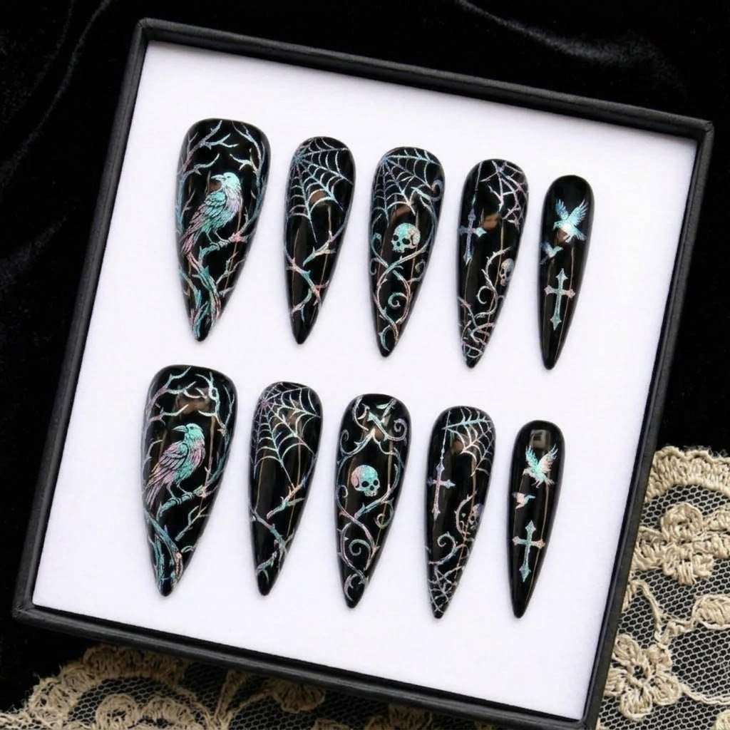 Gothic Raven & Skull Press On Nails | Dark Witchy Stiletto Nails | Holo Spiderweb Nails | Hand Painted Gel Nails | Alternative Goth Nails