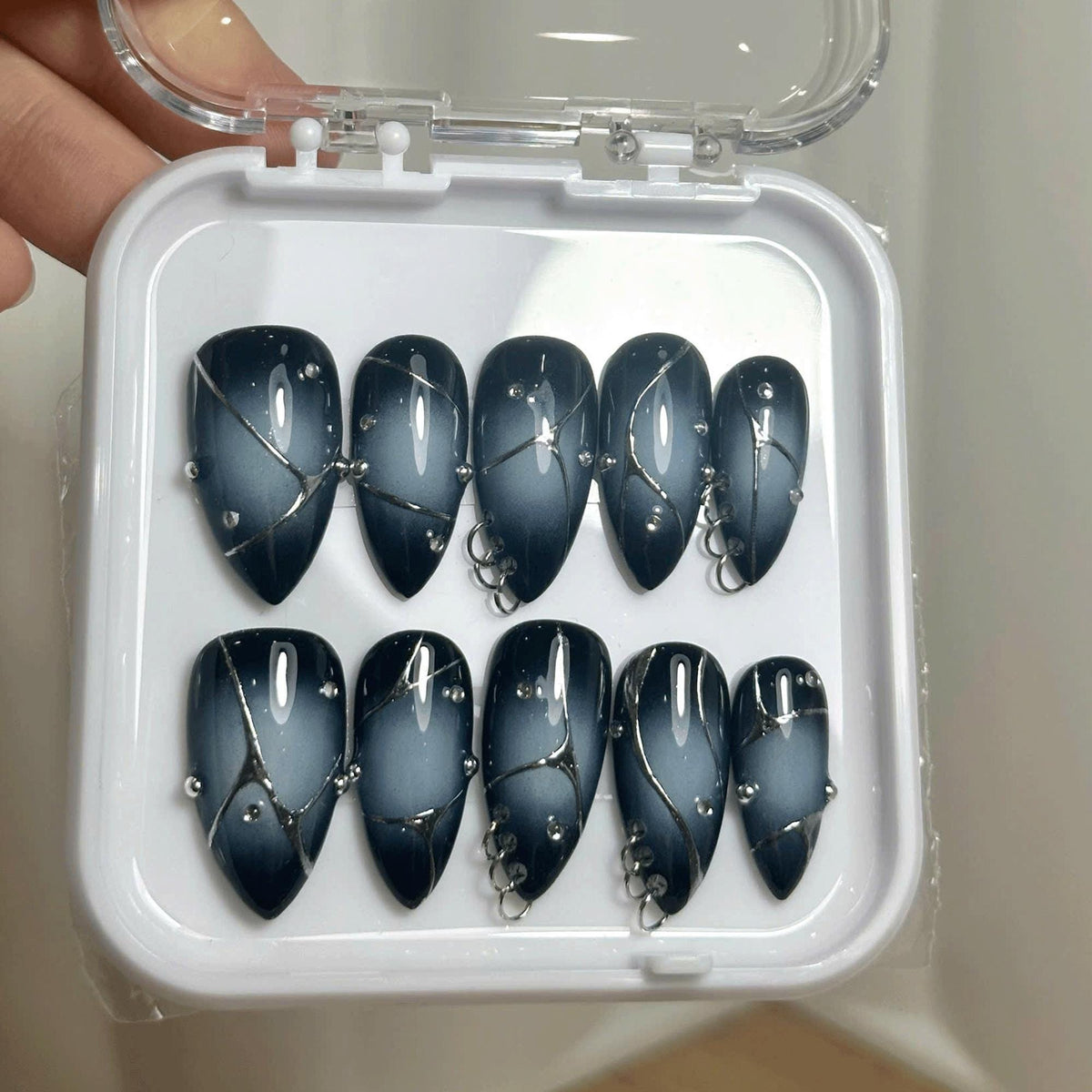 Dark Gothic Press On Nails: Grunge Stud Chain Nail Art