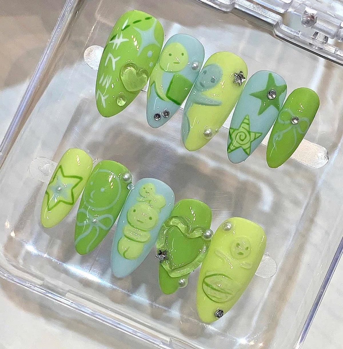Green Y2K Press On Nails, 3D Heart Star Kawaii Art Set