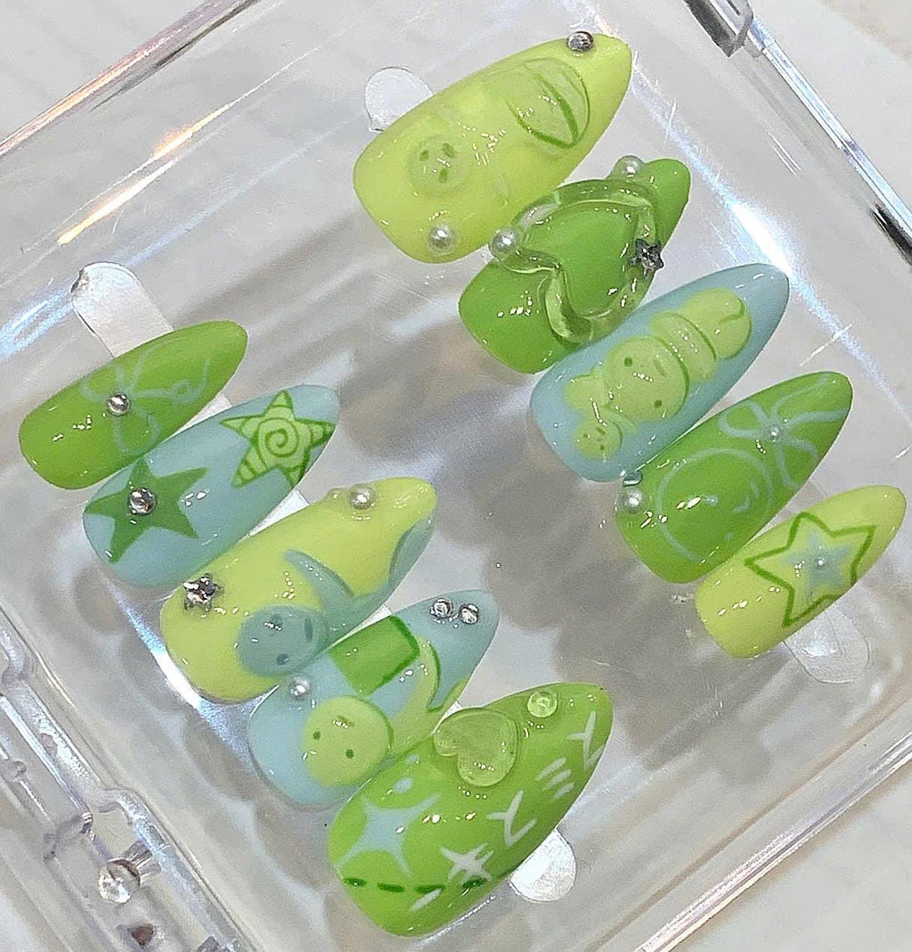 Green Y2K Press On Nails, 3D Heart Star Kawaii Art Set
