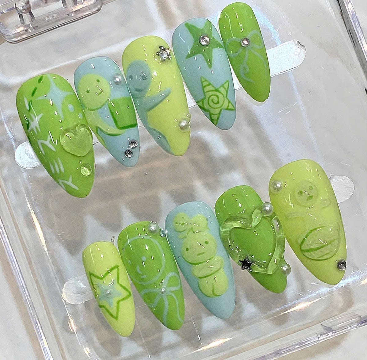 Green Y2K Press On Nails, 3D Heart Star Kawaii Art Set