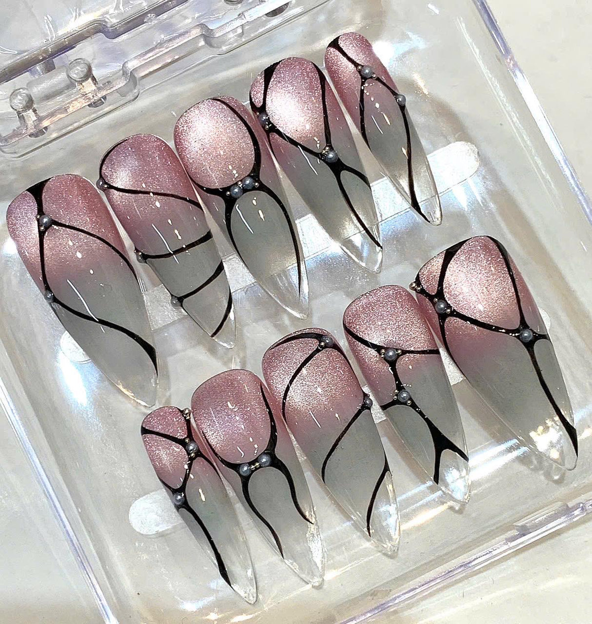 Pink Gray Ombre Stiletto Nails – Black Line Art, Pearl Accent, Luxury Set