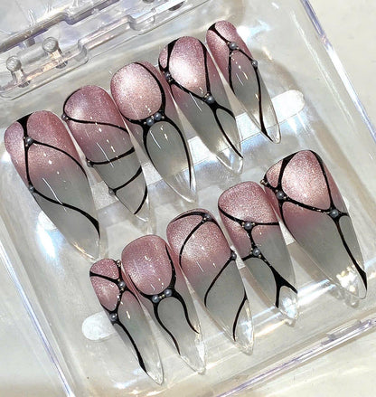 Pink Gray Ombre Stiletto Nails – Black Line Art, Pearl Accent, Luxury Set