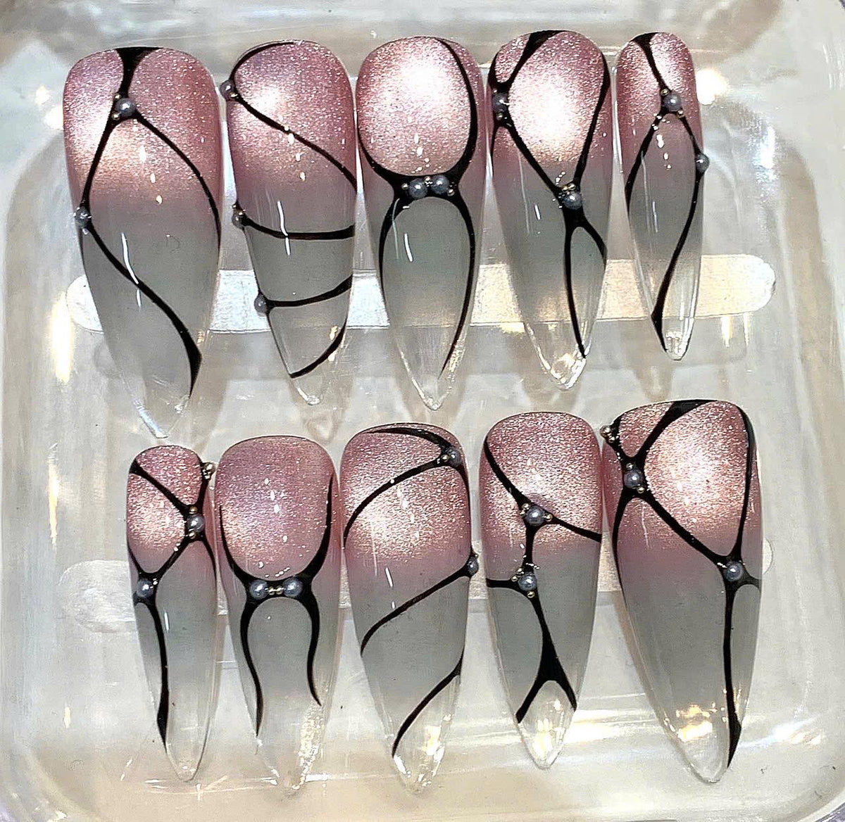 Pink Gray Ombre Stiletto Nails – Black Line Art, Pearl Accent, Luxury Set