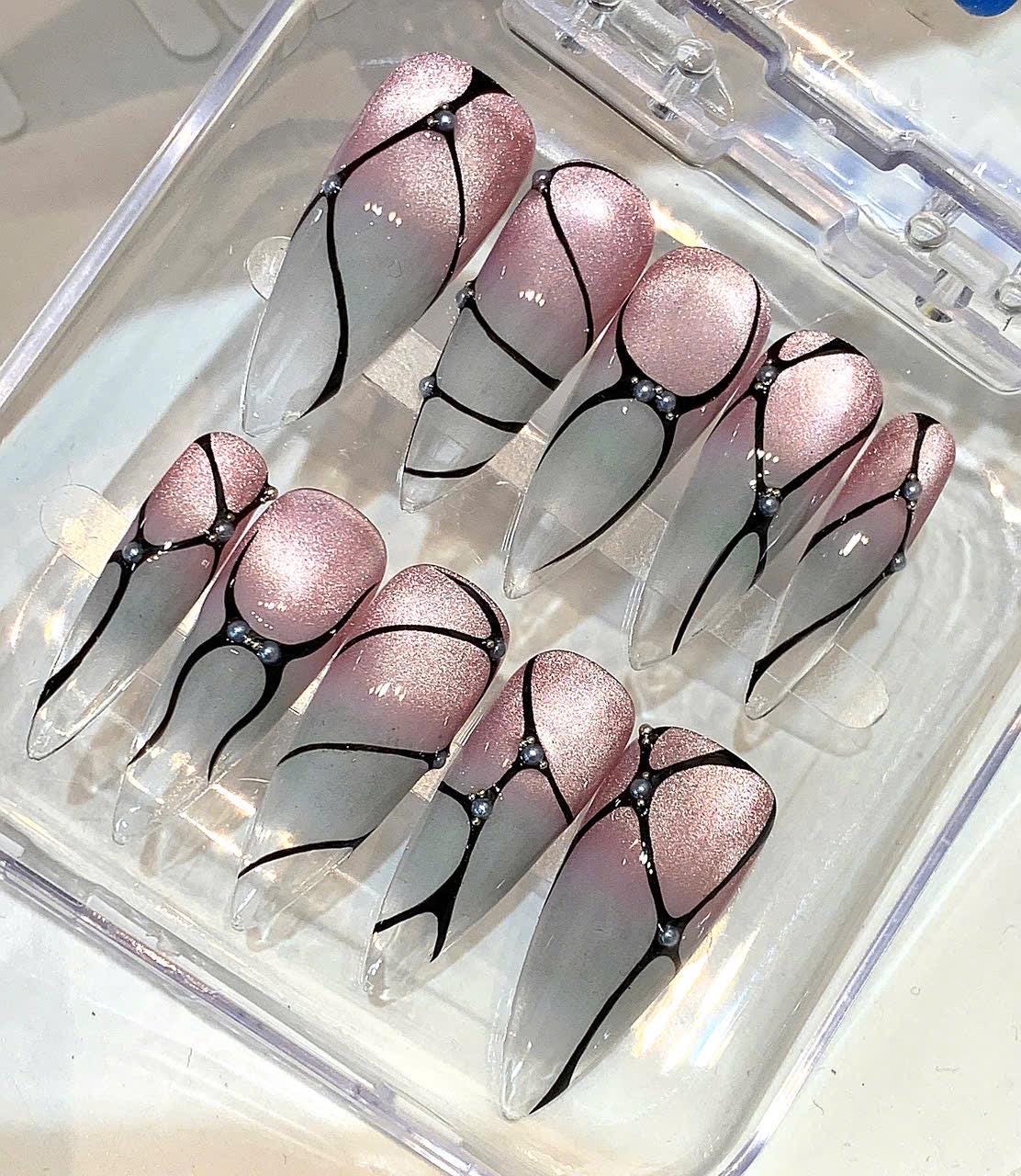 Pink Gray Ombre Stiletto Nails – Black Line Art, Pearl Accent, Luxury Set