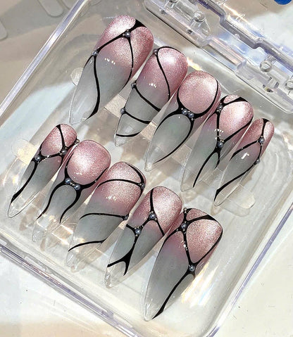 Pink Gray Ombre Stiletto Nails – Black Line Art, Pearl Accent, Luxury Set