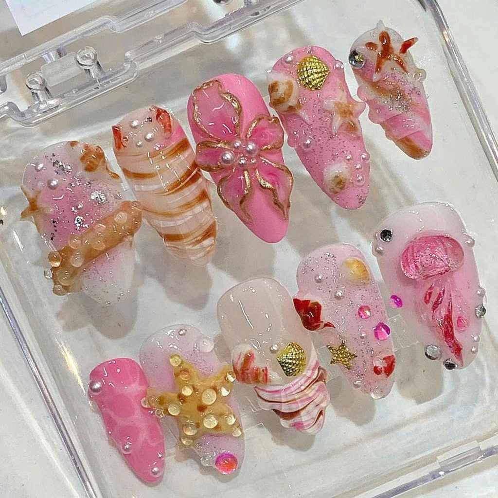 3D Seashell Press On Nails: Pink Beige Mermaid Nail Art