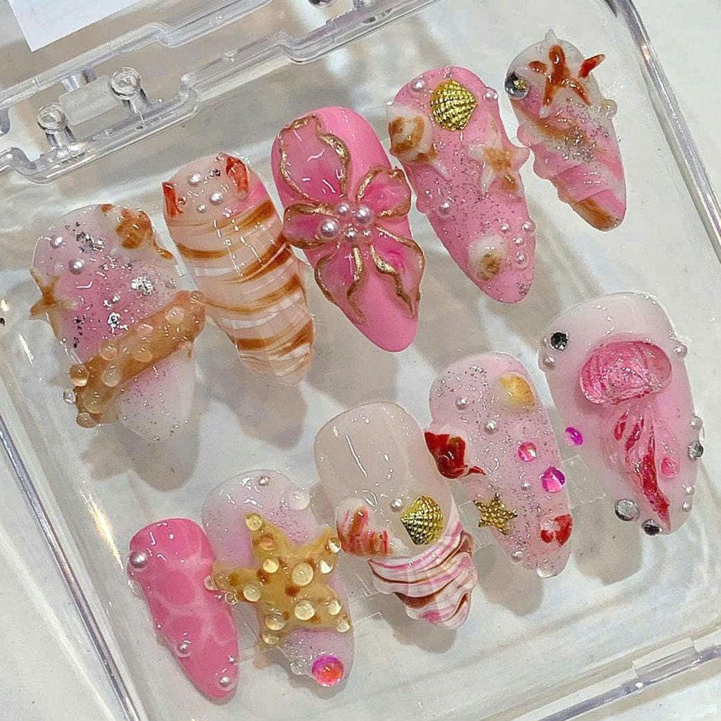 3D Seashell Press On Nails: Pink Beige Mermaid Nail Art