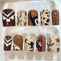 Boho Brown Press On Nails – Tribal Vintage Nail Art – Hand-Painted Neutral Nails Set