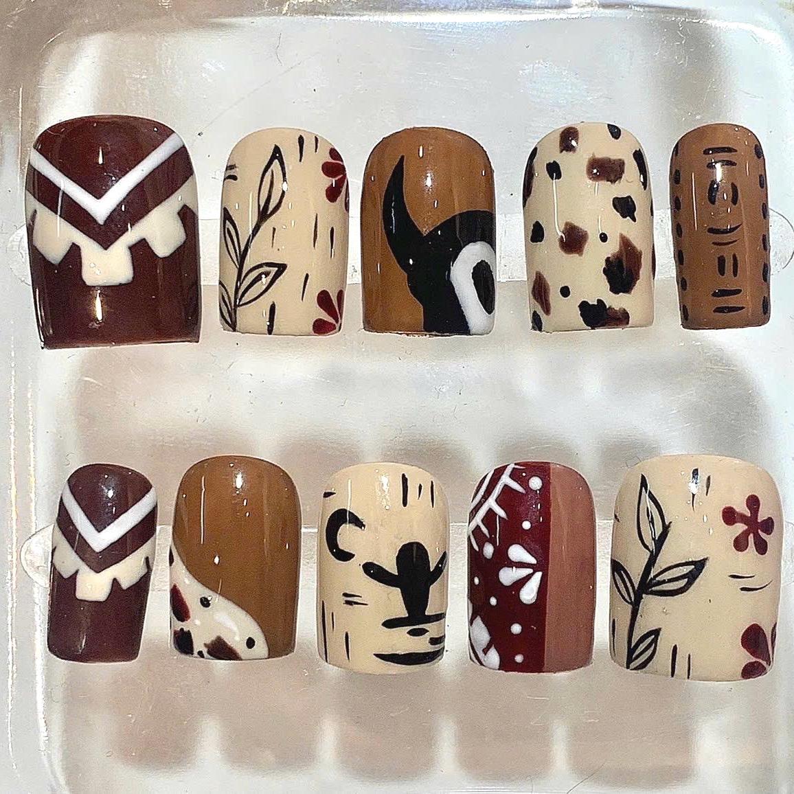 Boho Brown Press On Nails – Tribal Vintage Nail Art – Hand-Painted Neutral Nails Set