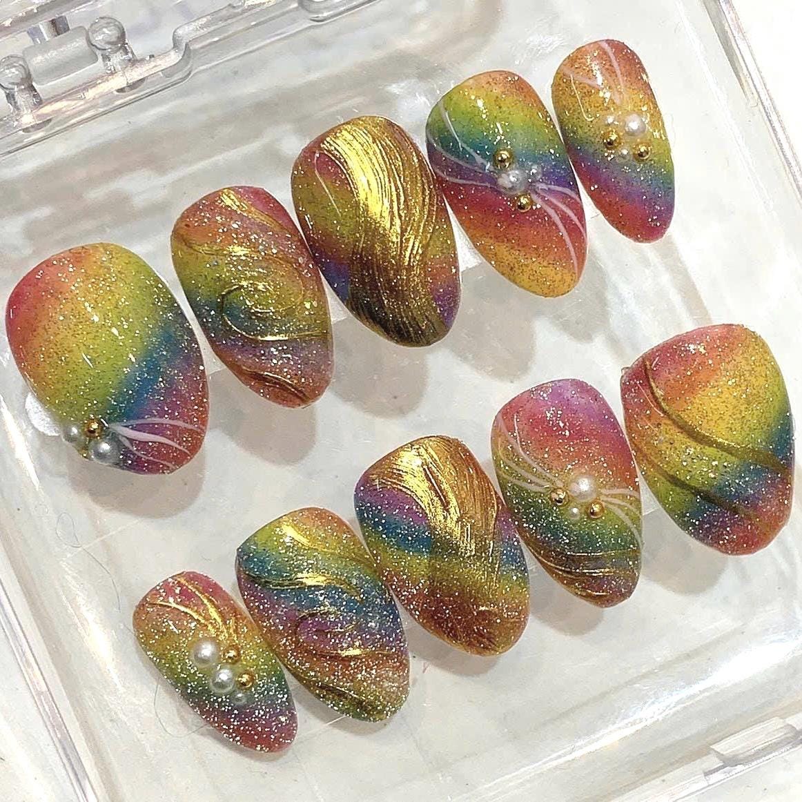 Rainbow Glitter Press On Nails – Gold Chrome Swirl Ombre Fake Nails