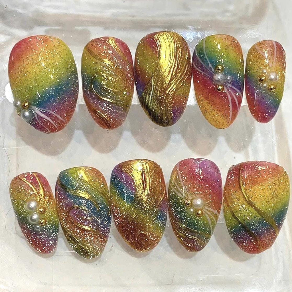 Rainbow Glitter Press On Nails – Gold Chrome Swirl Ombre Fake Nails