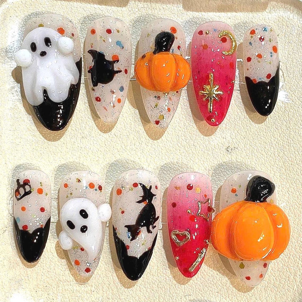 3D Ghost & Pumpkin Press On Nails: Spooky Halloween False Nails