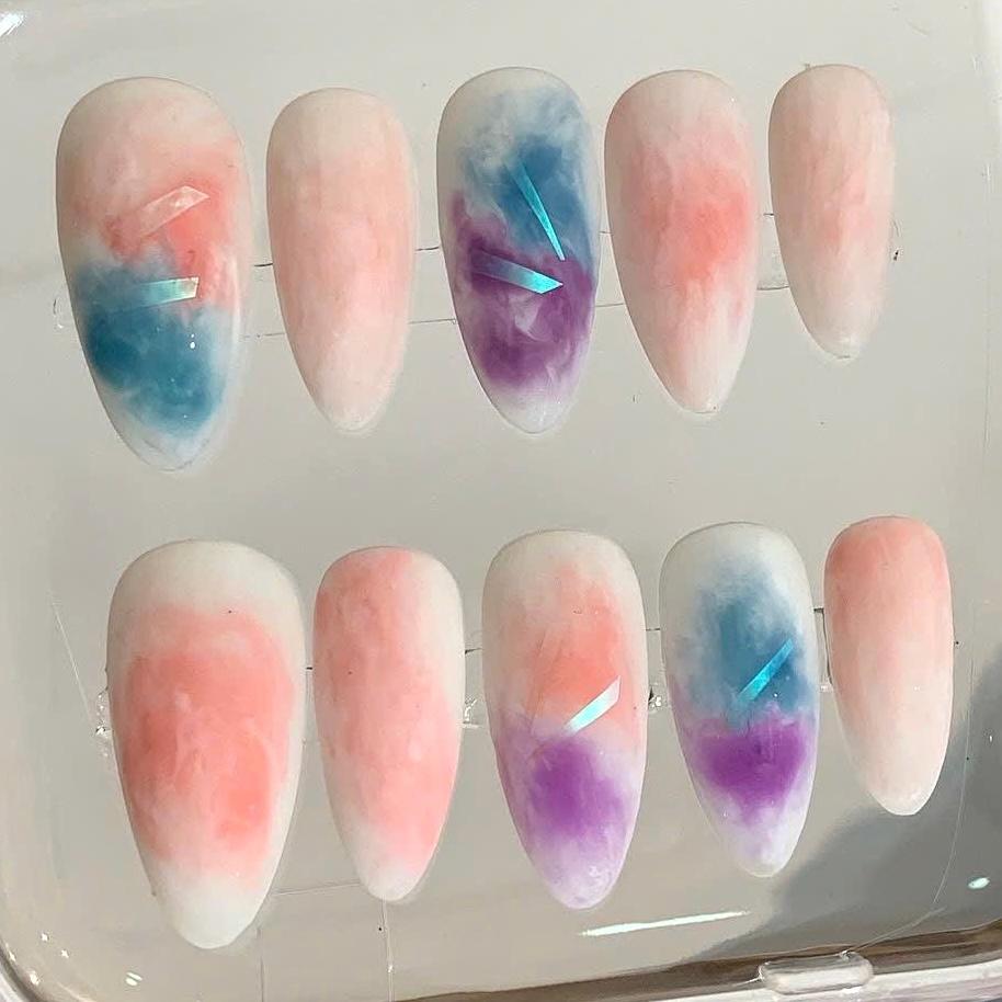 Pastel Cloud Press On Nails: Ombre Marble, Holographic Handmade Gel Nails