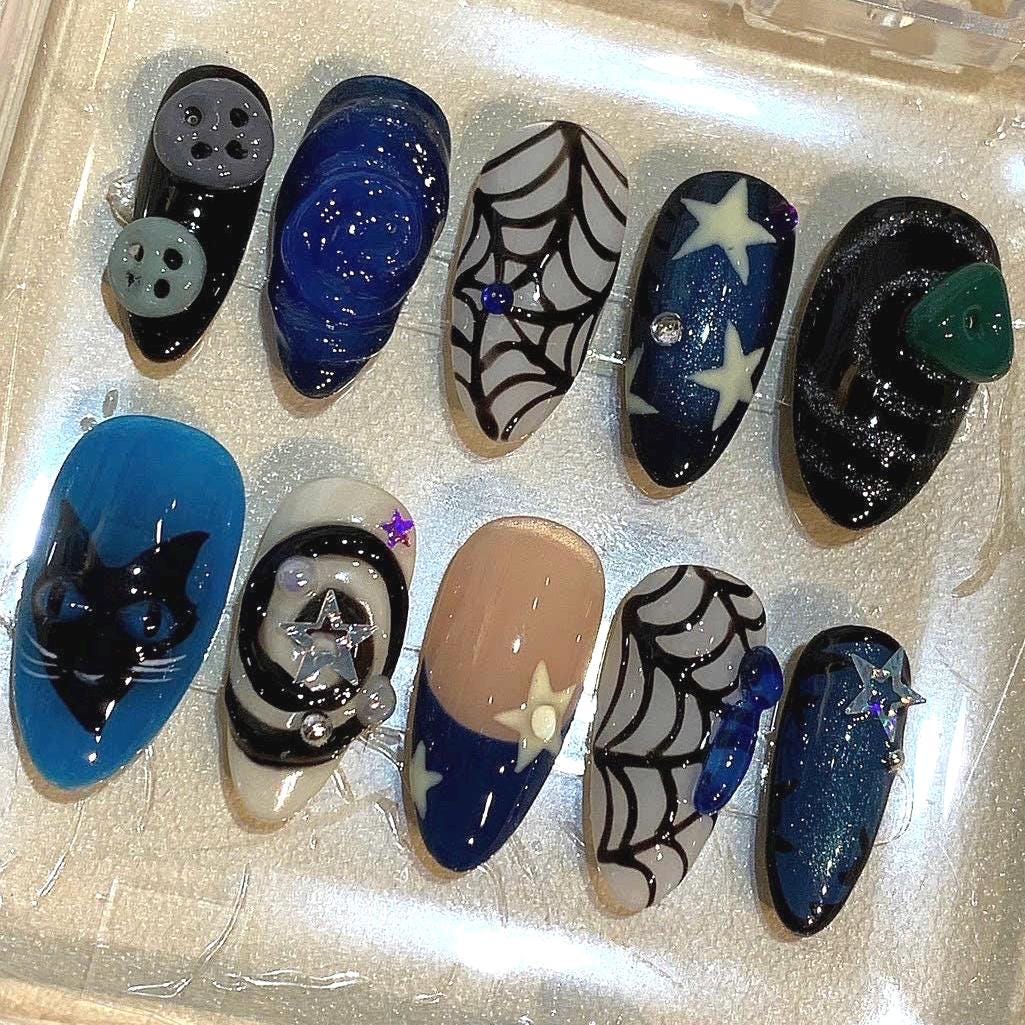Witchy Press On Nails: Black Cat, Starry Sky & Spider Web - Glow in the Dark