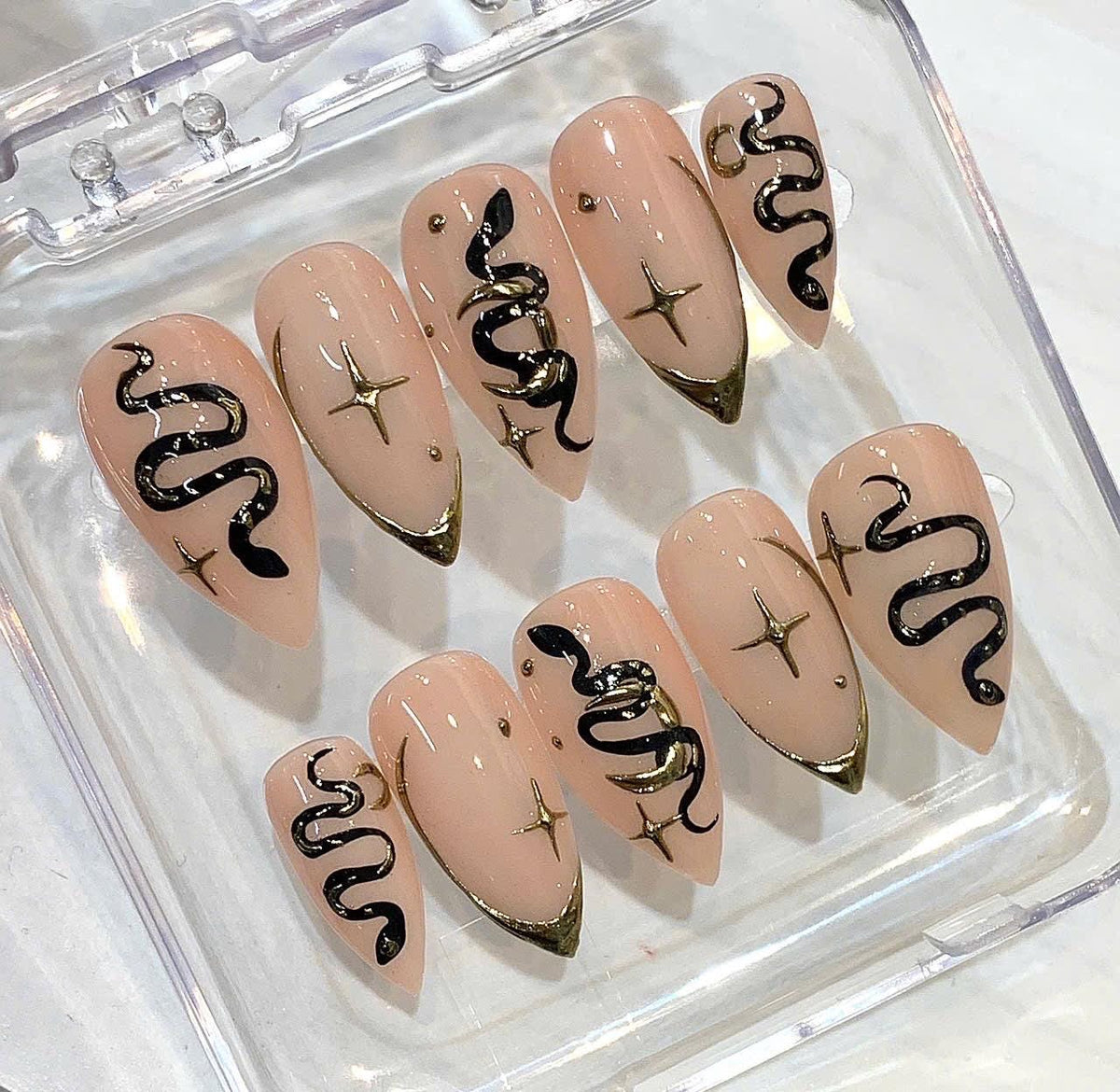 Gothic Snake Press On Nails, Black Gold Star Mystic Art Set