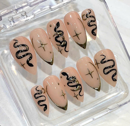 Gothic Snake Press On Nails, Black Gold Star Mystic Art Set